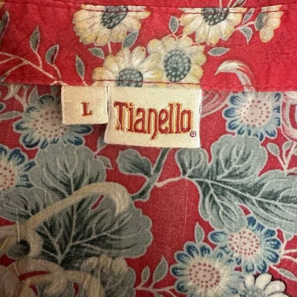 Tianello Womens Top Blouse Sz L Suzy Button Up Red Boho Floral Rayon USA Artsy - Picture 4 of 12
